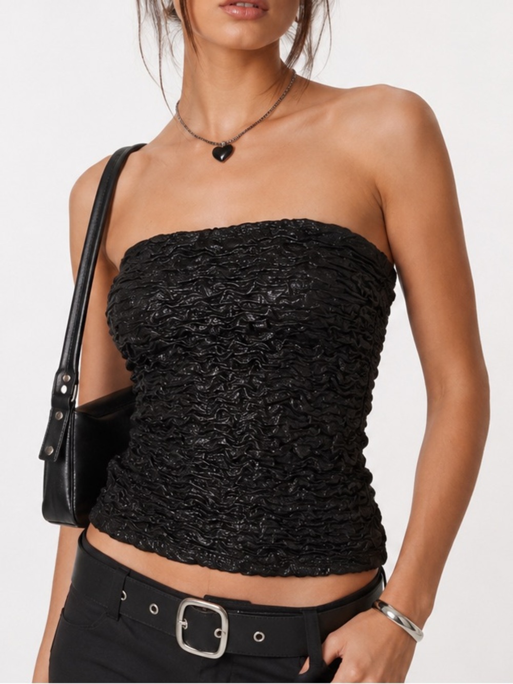 LIPSTICK Y2K Black Ruched Tube Top Glitter Strapless Vintage Clubwear Medium